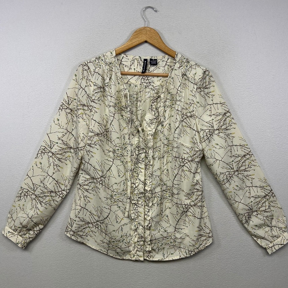 Cottagecore Nature Architect Womens Medium Cream Branch Print Ruffle Blouse